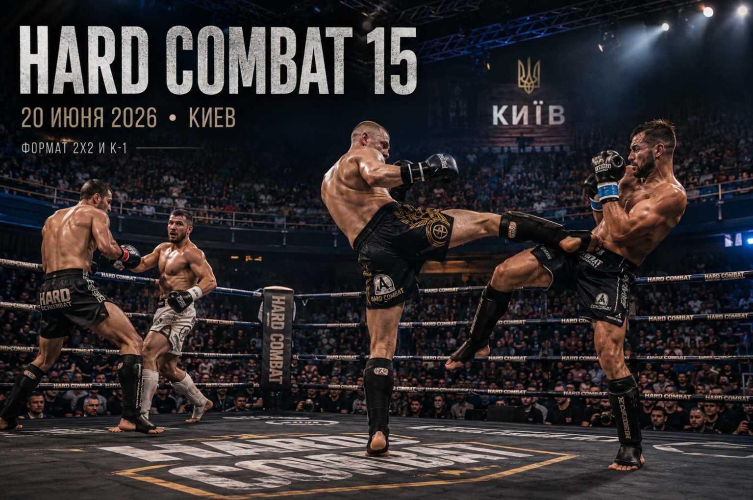 HARD COMBAT 15 в Киеве: бои 2х2 и К-1, финал Гран-при 160 кг, 20 июня в 18:00, Зал НУФВСУ. Билеты 1000 грн, все средства — на нужды ЗСУ. Приходи и поддержи бойцов.