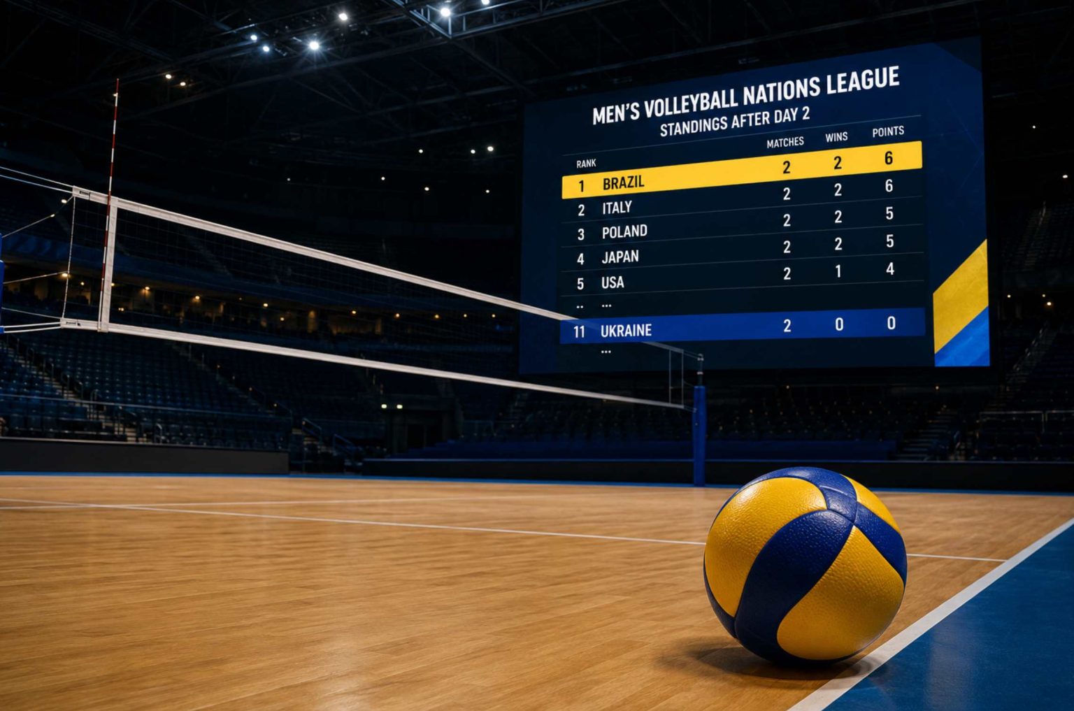 Украина поднялась на 11-е место в Лиге наций-2026 после победы над Китаем. Бразилия возглавила таблицу после второго игрового дня мужского турнира VNL. 2026.