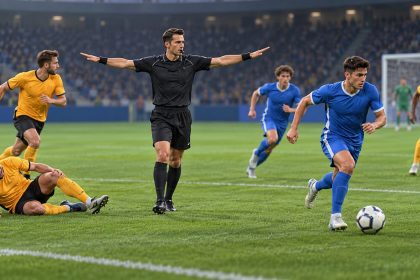 Арбитр показывает преимущество после фола в футбольном матче